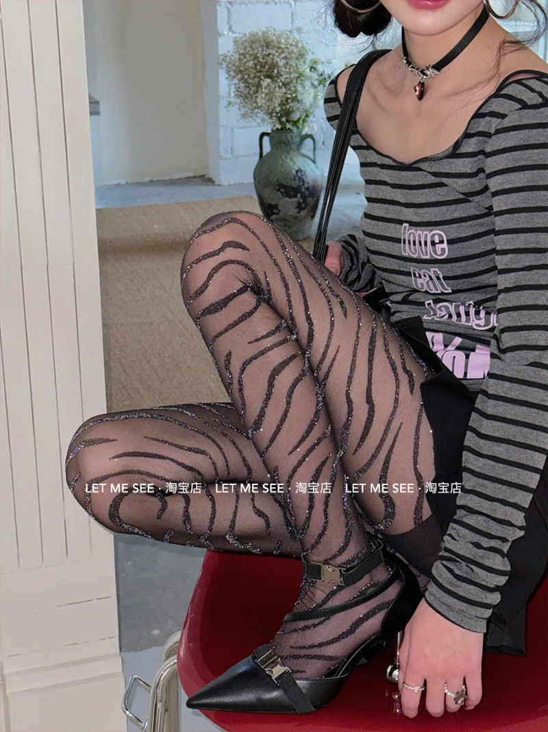Soft Girl Punk Style Leggings Tights Zebra Pattern Slimming Outerwear Pantyhose Shiny Sexy Stockings Japanese Y2k Hosiery Female