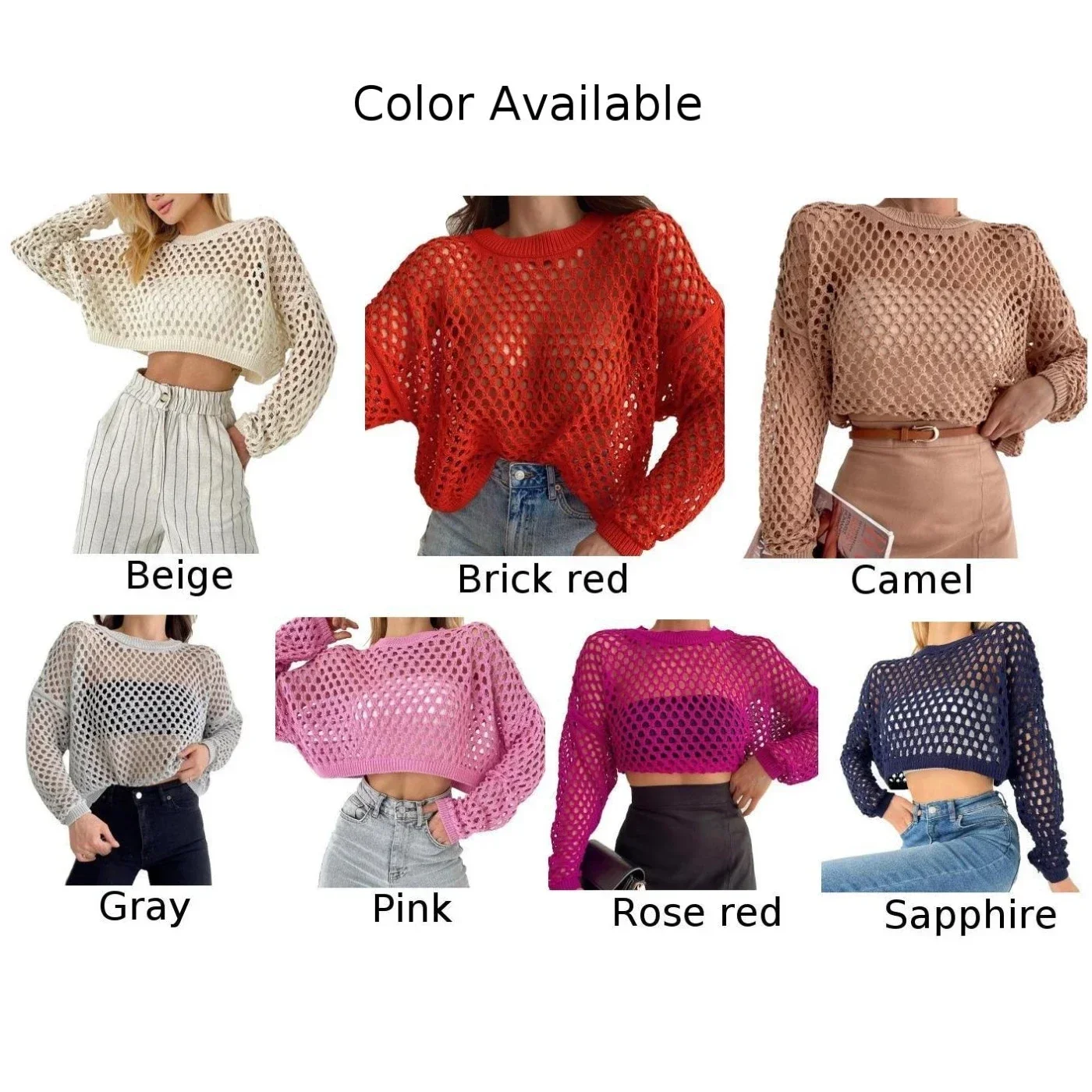 Women Mesh Fishnet Crop Tops Long Sleeve Crew Neck Sexy Hollow Out Loose Shirts Short Knit Flared Sleeve Casual Y2k Pullover