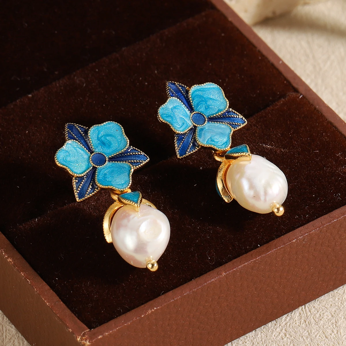 French Vintage Blue Flower Baroque Pearl Drop Earrings for Women Elegant Enamel Iris Orchid Dangle Jewelry