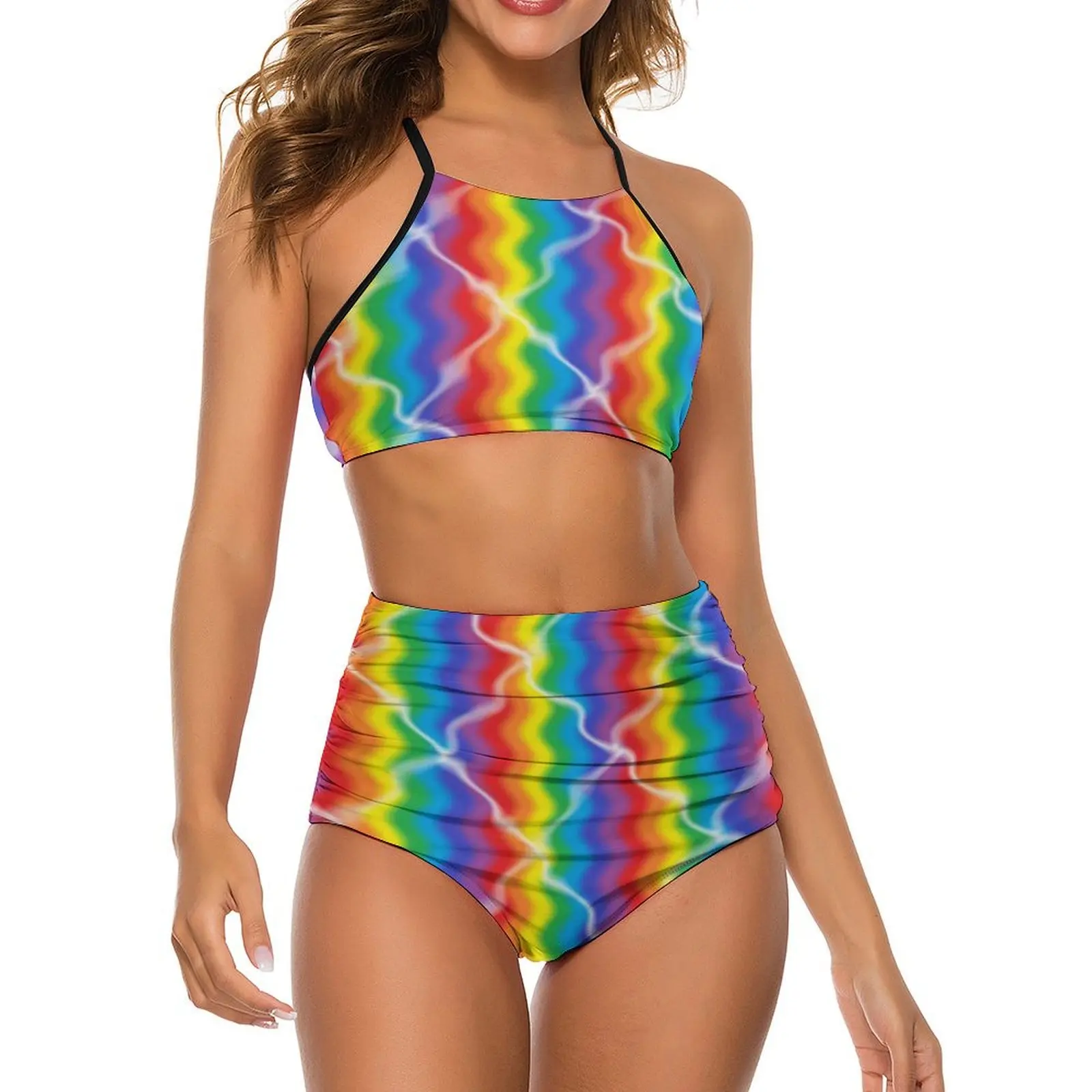 

Cracked Rainbow Bikini Swimsuit Abstract Stripes Colorful High Waist Swimwear Women Sexy Trend Bikinis Set Push Up Bathing Suit