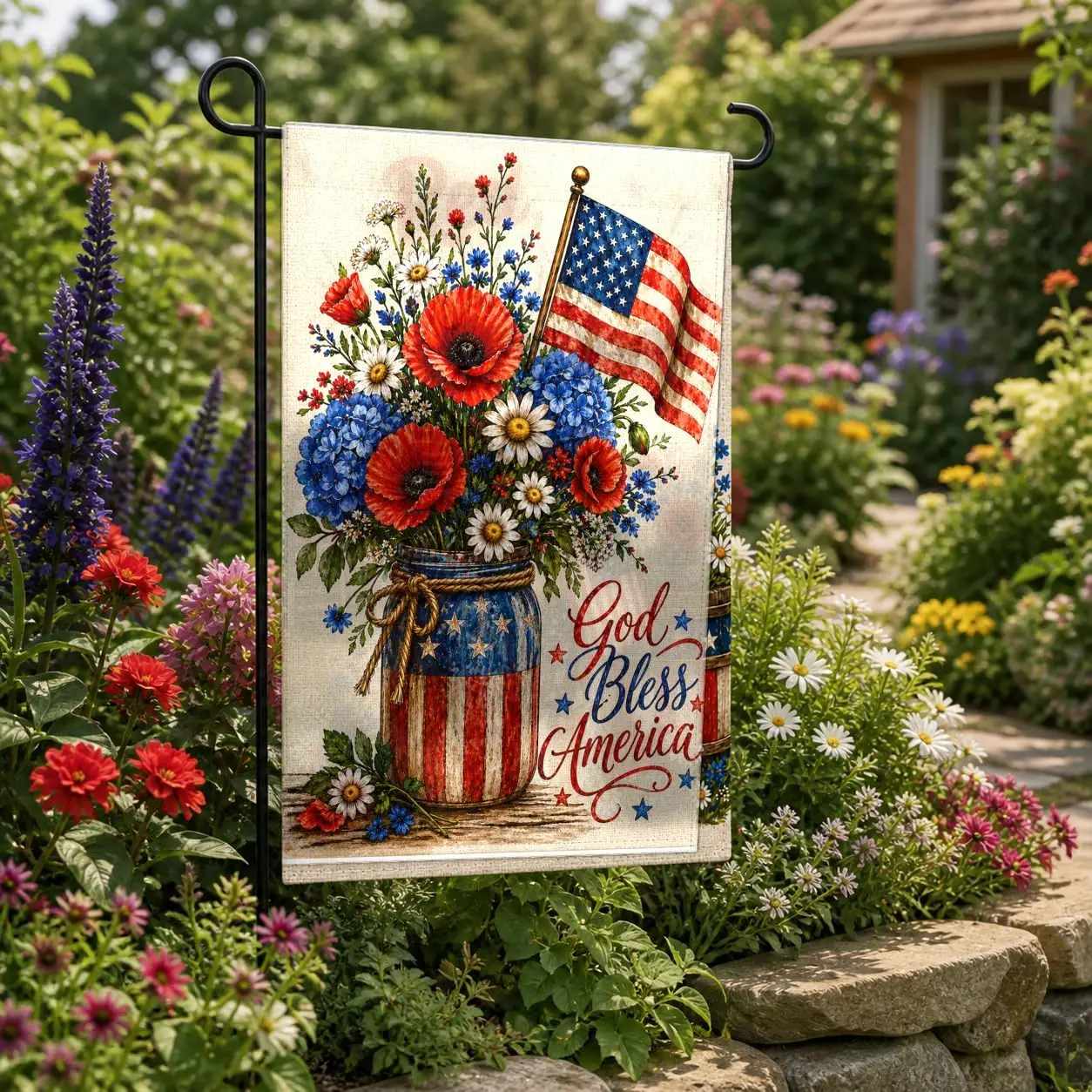 4th of July Garden Flag 12x18, Patriotic Floral Mason Jar Yard Flowers Flag, God Bless America Design Burlap Yard Flag Decor jjp