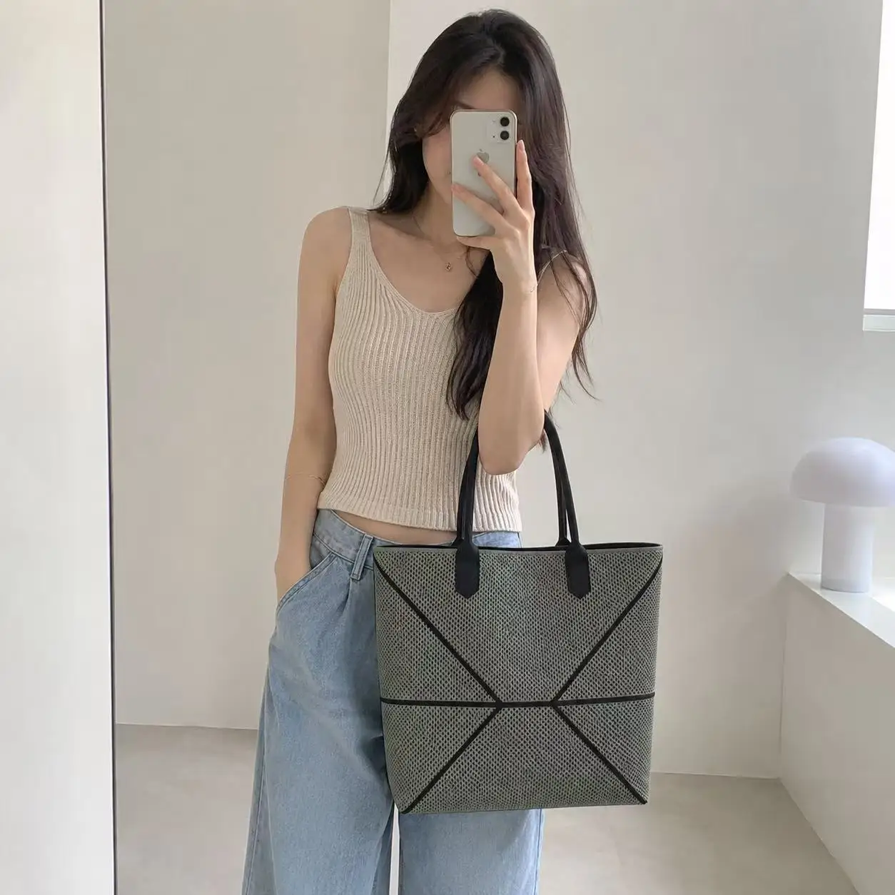Foldable Tote Bag Women Polyester Rhombus Mesh Woven Large Capacity Shoulder Handbag Portable Daily Commute Travel Lightweight