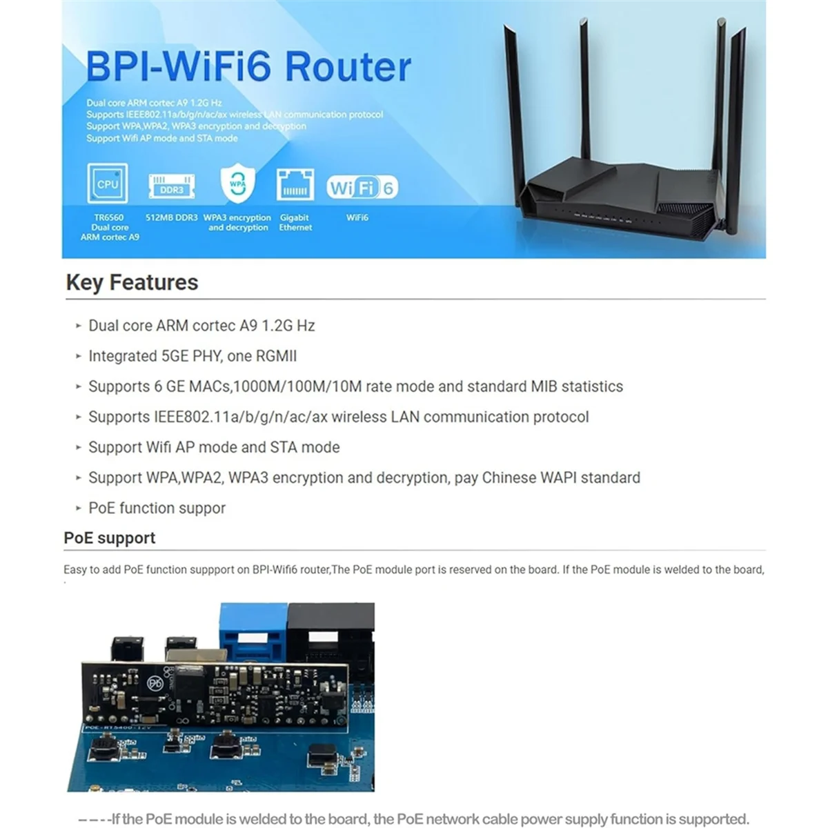 BNGF-Banana Pi BPI-Wifi6 Router with Triductor TR6560 + TR5220 Wifi SOC Dual Core ARM Cortec A9 Routing Board EU Plug