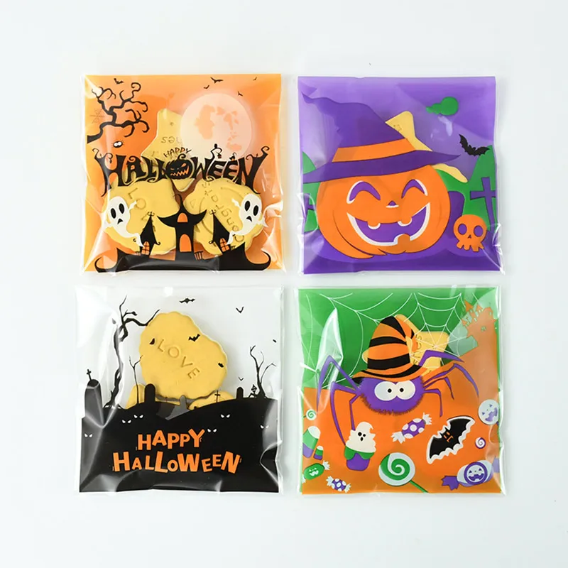 Sacchetti di Cellophane di Halloween da 100 pezzi sacchetti di plastica autoadesivi per biscotti di zucca trasparenti di Halloween felici