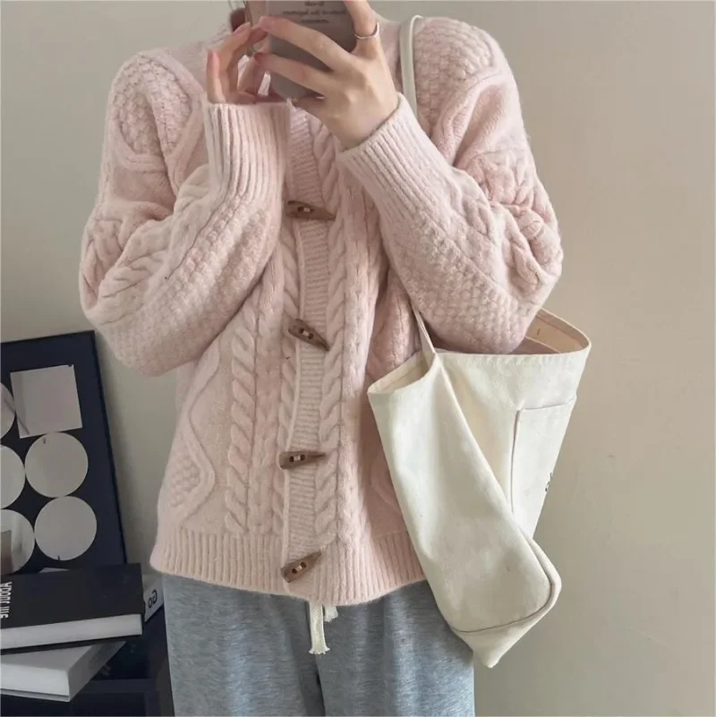 Women Loose Casual Horn Button Fisherman Sweater New O-Neck Knit Cable Jumper Autumn Winter Knit Cardigans New Year's Clothing