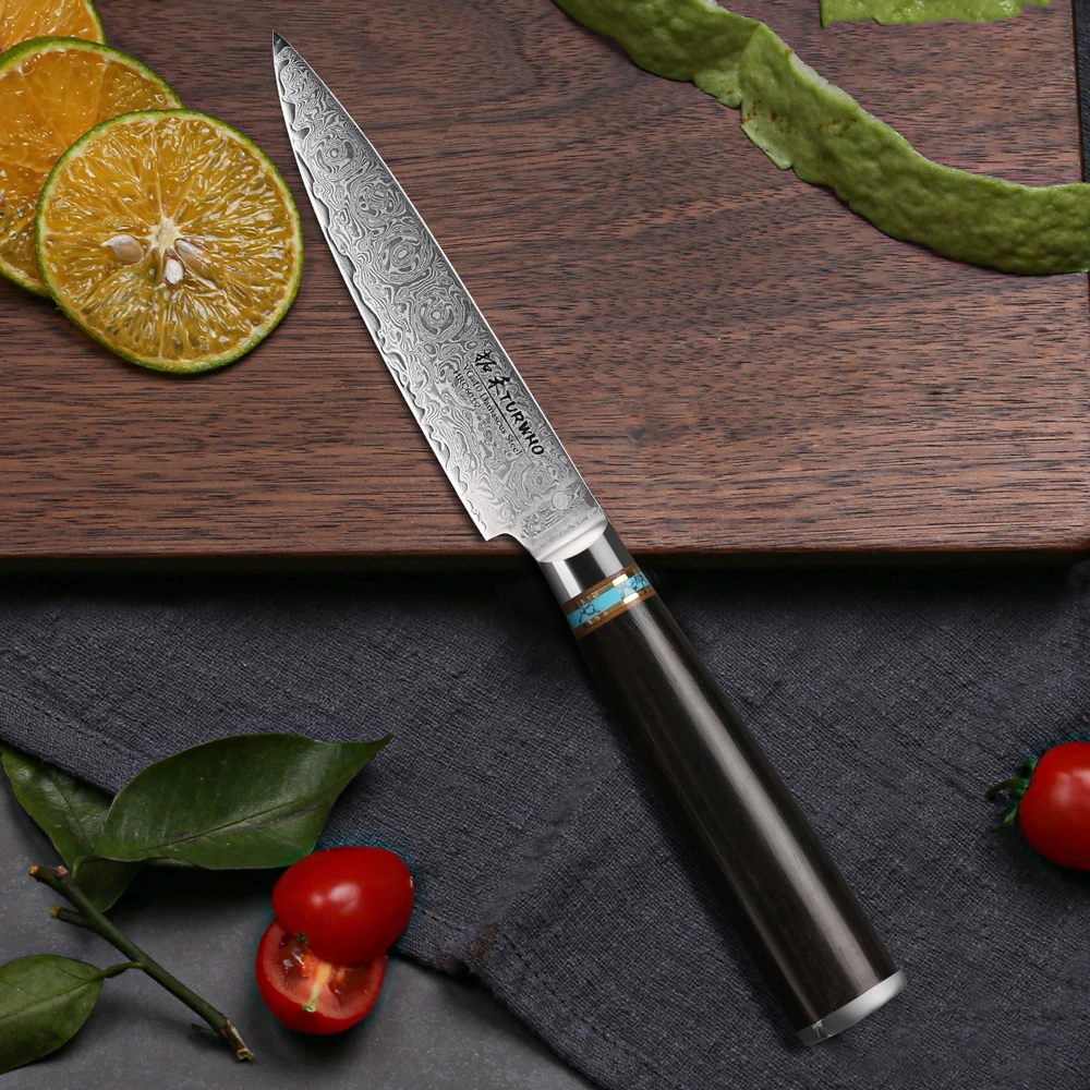 Imagem -02 - Turwho Faca Utilitário 67 Camada Aço Damasco Japonês Faca de Cozinha Afiada Frutas Peeling Cleaver Ébano e Punho Turquesa