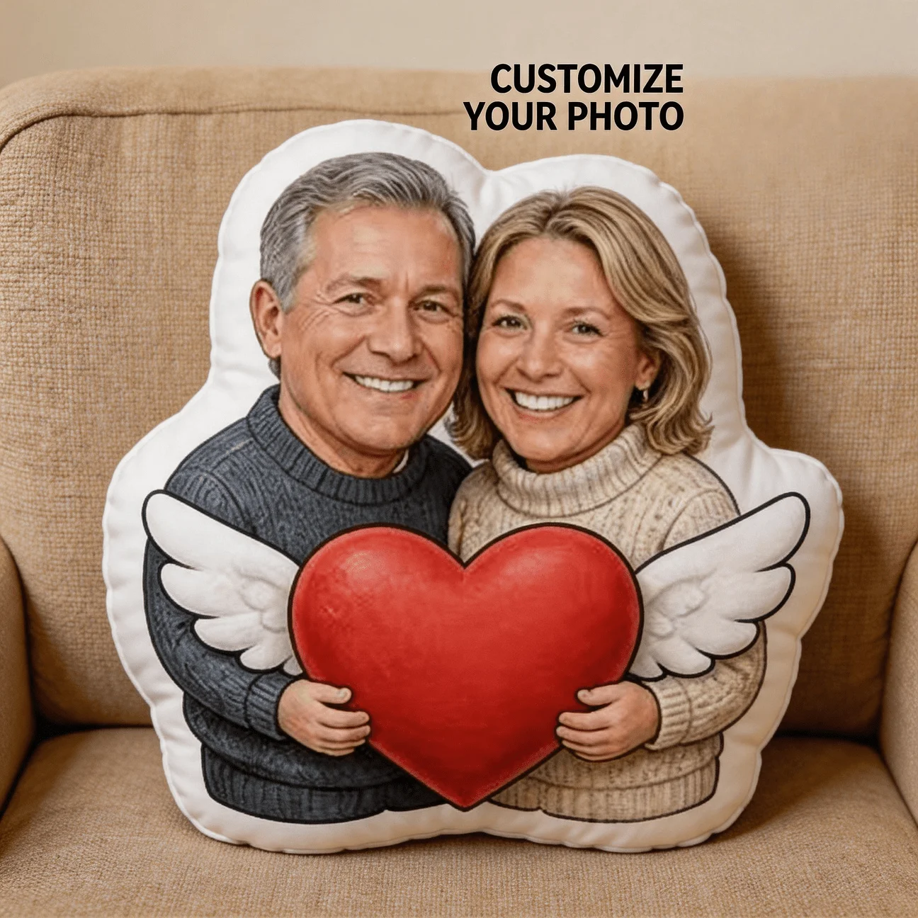 Personalized Couple Photo Shaped Pillow, Romantic Heart with Wings Custom Picture Decorative Cushion with Double-Sided Printing,