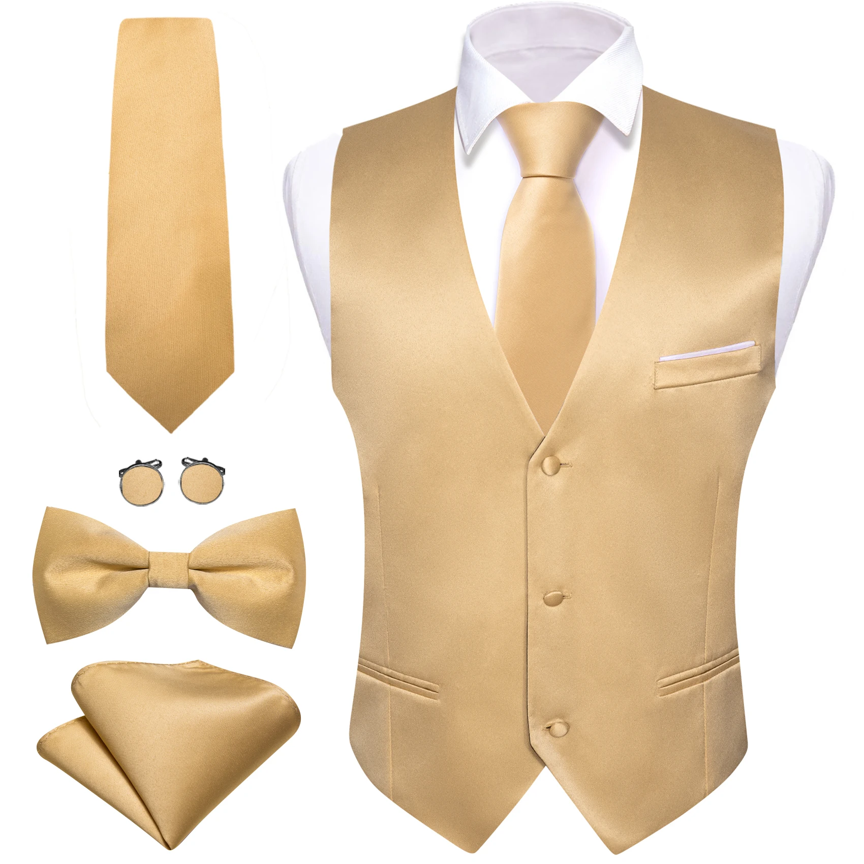 Luxury Silk Men\'s Vest Gold Waistcoat Tie Bowtie Pocket Square Set Sleeveless Jacket Formal Wedding Suit Barry Wang