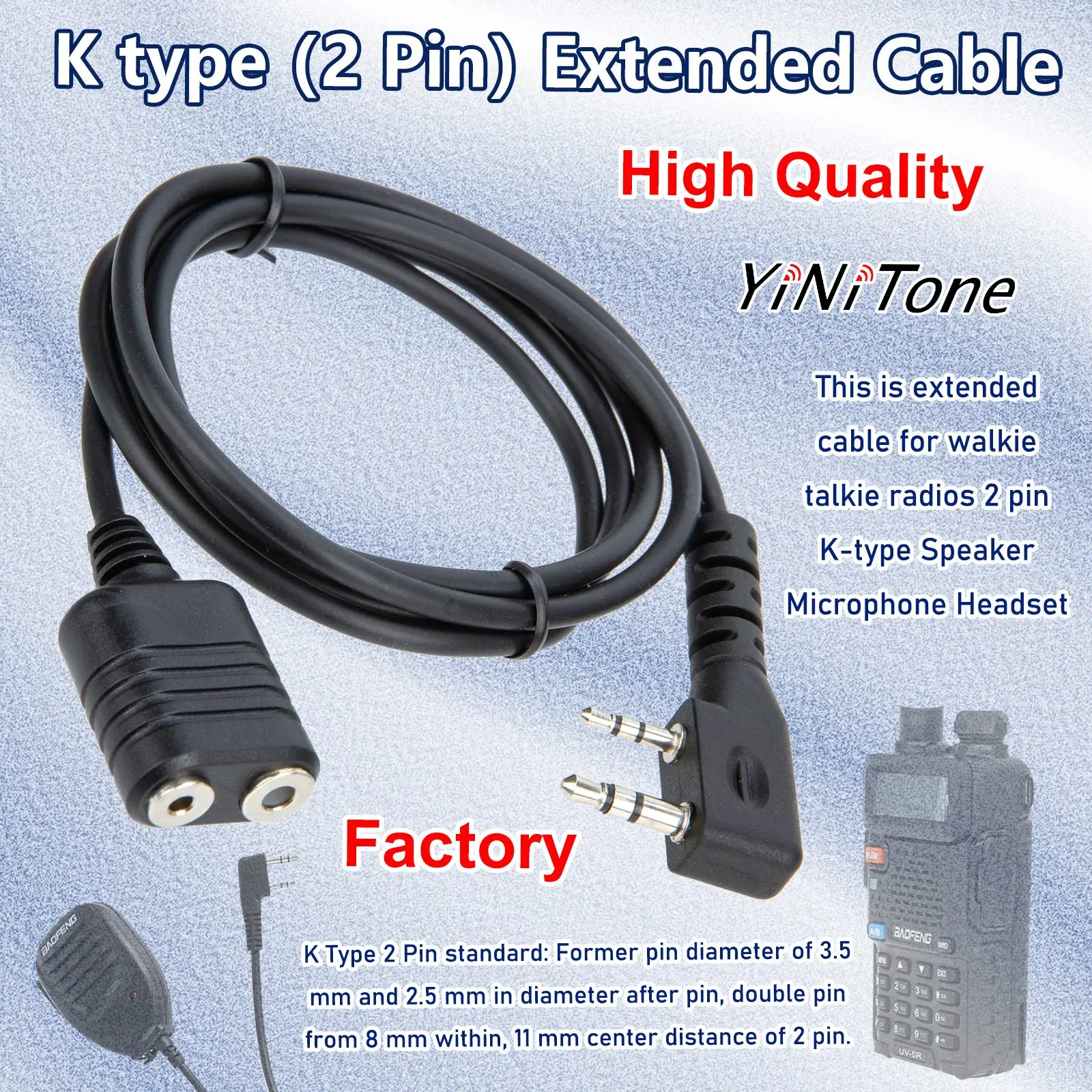 Speaker Mic Earpiece K type 2 Pin Extend Cable for Kenwood BaoFeng UV-5R BF-888s Walkie Talkie Headset Extension Cord