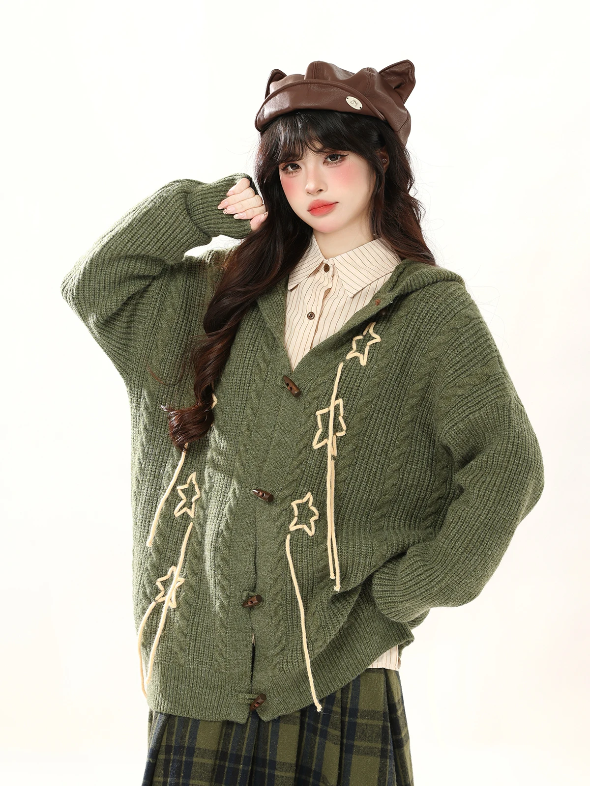 

Вязаный кардиган ENJOG Vintage Star Rabbit Ear с открытыми рукавами, женский, весна-осень, свободный крой, повседневный, вязаный, в стиле lazy knitwear