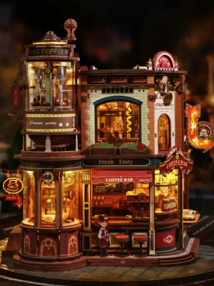 Robotime Dream Coffee Factory 3D Holzpuzzle-Modellbausatz für Erwachsene, zahnradgetriebenes mechanisches DIY-Bastelset mit beweglichen Teilen, Schreibtischdeko, Geschenk, Buchnische EAB02