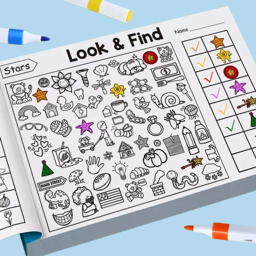 Interactive Hidden Objects Book for Youngsters Concentration Training & Educational Fun with Find and Color Puzzle School Family