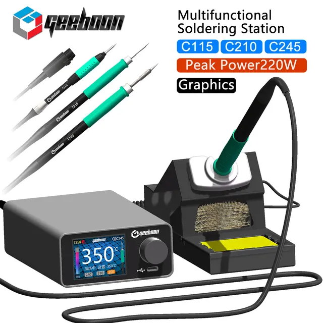 Stacja lutownicza GEEBOON 220W TC22 kompatybilna z końcówkami lutowniczymi 115/210/245/T12, wyświetlacz krzywek kolorystycznych, stacja do napraw lutowniczych.