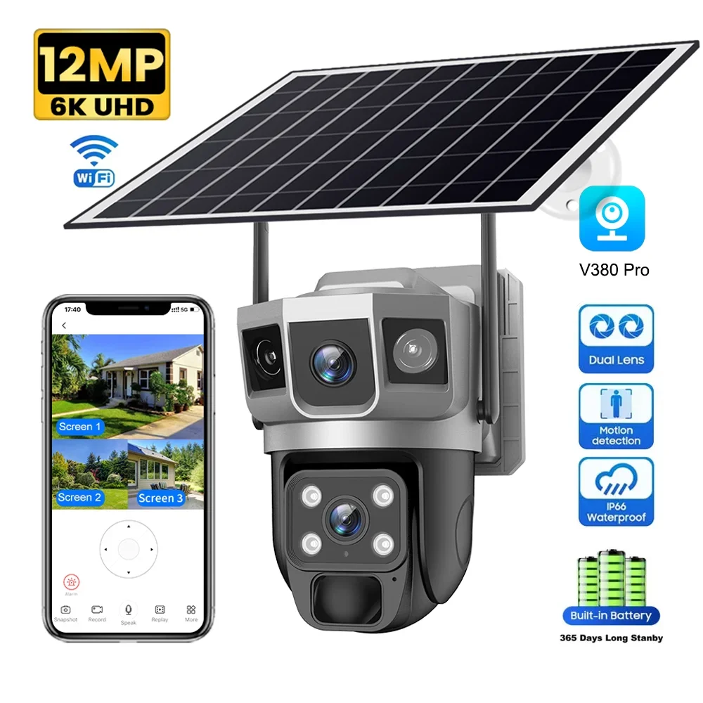 

Outdoor Solar Security Camera Wifi Dual Lens 3 Screens 12MP Auto Tracking Wireless Cameras Solar Power CCTV V380 pro