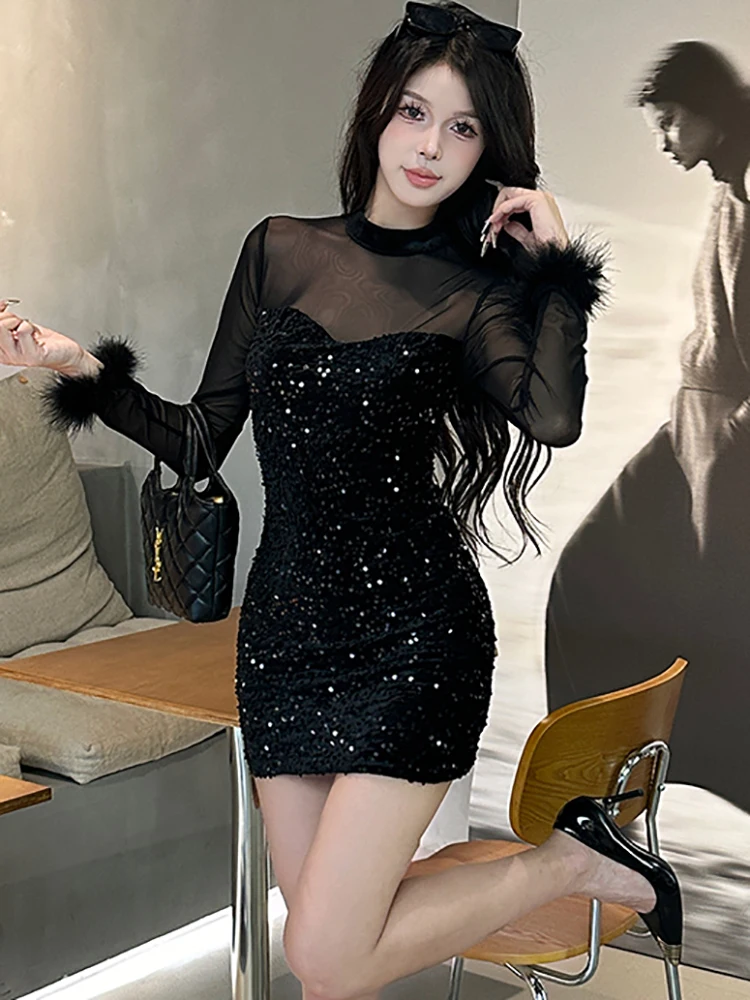 2025 Black Sequins Velvet Patchwork Mesh Sheer Sexy Dress Women Elegant Hip Wrap Short Dress Autumn Winter Korean Bodycon Dress