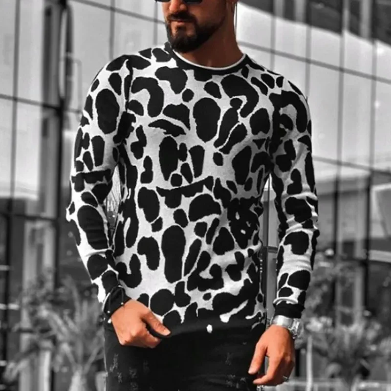

Fashion Slim Fit Leopard Print T Shirts Men 2023 Spring Long Sleeve Crew Neck Casual Pullovers For Mens Clothes Leisure Tee Tops