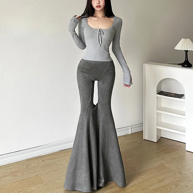 

Autumn and Winter New Trousers Women’s Solid Color Sexy Slim Street Fashion High Pockets Hip Casual Bell Bottoms