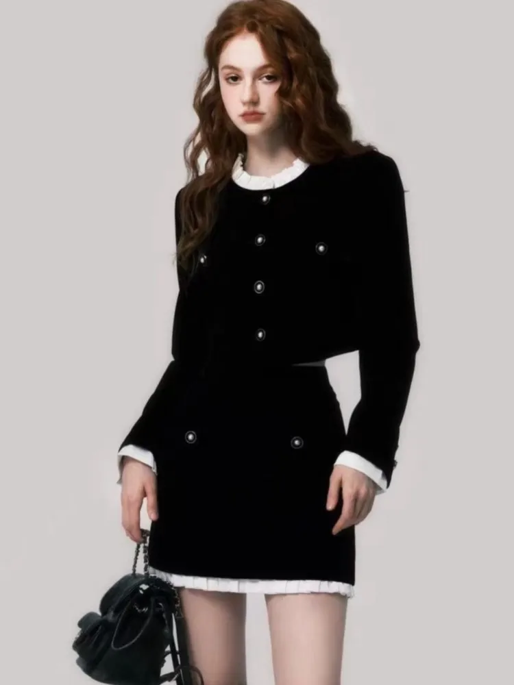 Autumn French Elegant Two Piece Velvet Skirt Set Women Winter Long Sleeve Single Breasted Short Coat+A-Line Mini Skirt Outfit