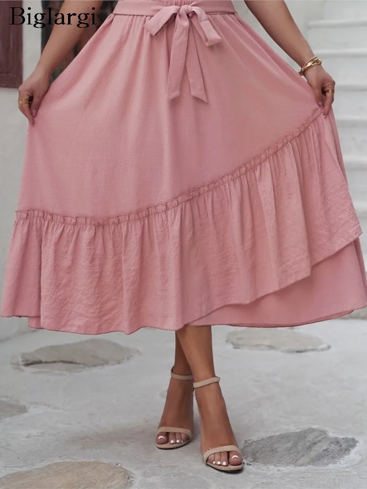 Plus Size Elastic High Waist Spring Long Pink Skirts Women Irregular Pleated Patchwork Fashion Ladies Skirts Casual Woman Skirts