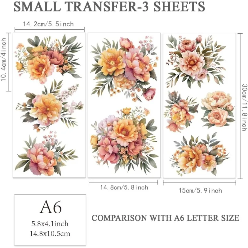 1Set 3pcs/set Peonies Rub on Transfers for Crafts and Furniture 6x12 inch Flower Clusters Decor Transfer Stickers Vintage Floral