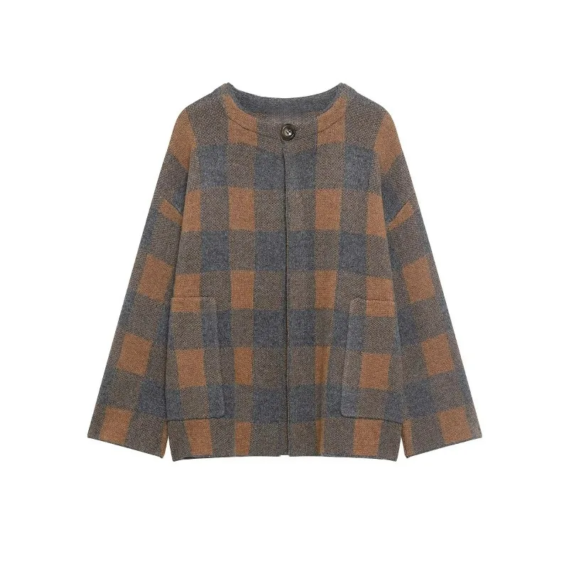 

Свободный вязаный кардиган в клетку с воротником и длинными рукавами, новинка зимы 2025, женский повседневный модный элегантный круглый кардиган