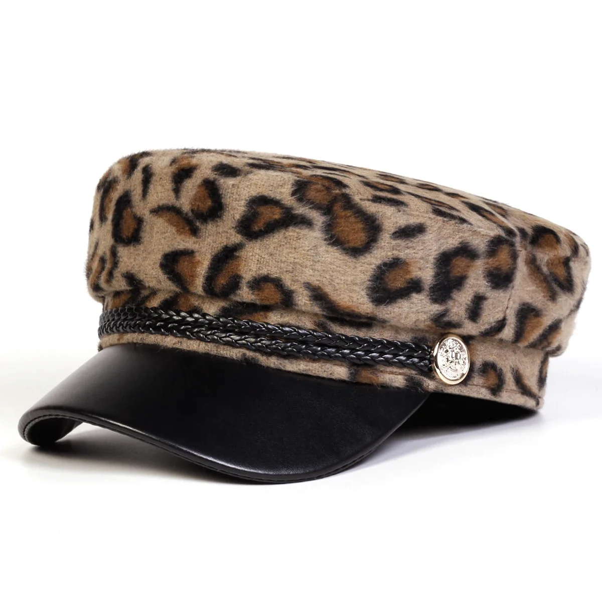 Unisex Plush Leopard Print Navy Cap Autumn Winter Sailor Hats Beret Hat Men Flat Top Captain Military Caps
