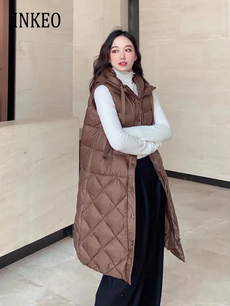 Luxury Women\'s Long down jacket Sleeveless vest Warm 2024 Fall winter Fashion Quilted Hooded puffer coat clothing INKEO 3O313