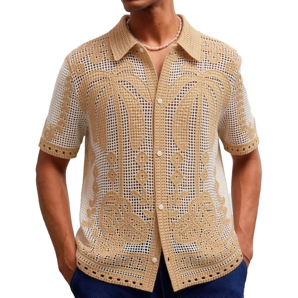 2026 Summer New Men's Sheer Hollow-Out Short-Sleeve Shirt American Retro Fashion Trendy Casual Loose Breathable Niche Men's Top