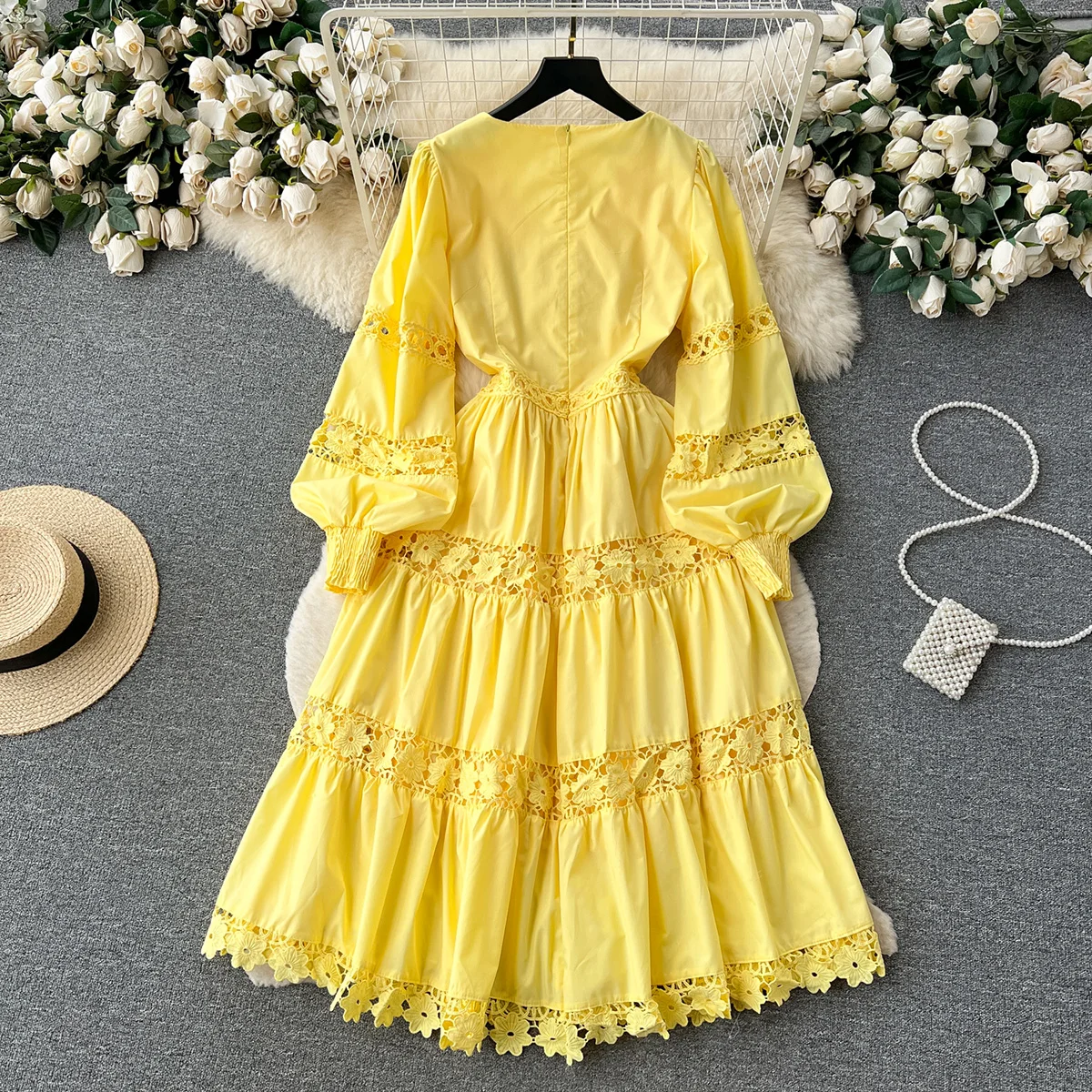 Imagem -03 - Vintage Feminino com Decote em v Manga Comprida com Renda Vestido Midi Primavera Verão Casamento Guest Party Elegante Feriado Mulher 2023