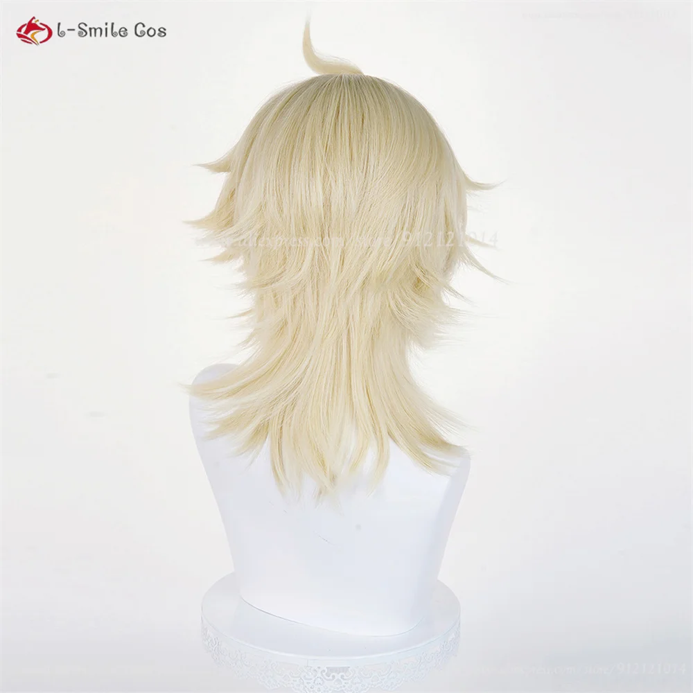 Varka Cosplay perruques 35 cm perruques dorées claires pour hommes Cosplay Anime perruque résistant à la chaleur cheveux synthétiques Halloween + bonnet de perruque