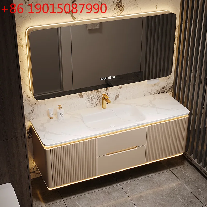 

Customized modern wind rock slab hot bending integrated double basin bathroom cabinet oak hand wash basin combined toilet