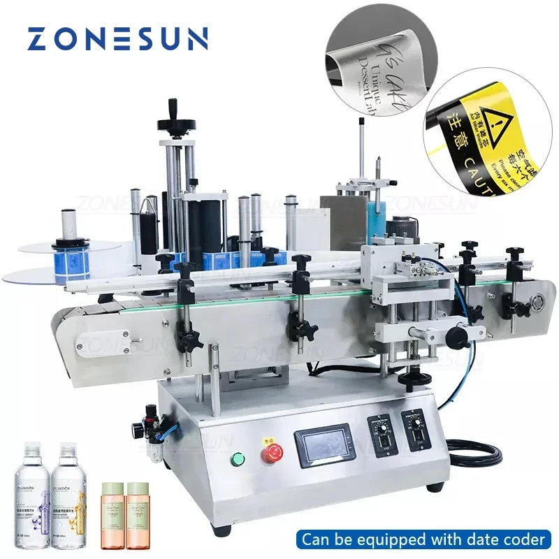 เครื่องติดฉลากอัตโนมัติ ZONESUN TB-500A สำหรับขวดทรงกลม PET แบบสองด้าน พร้อมเครื่องพิมพ์วันที่