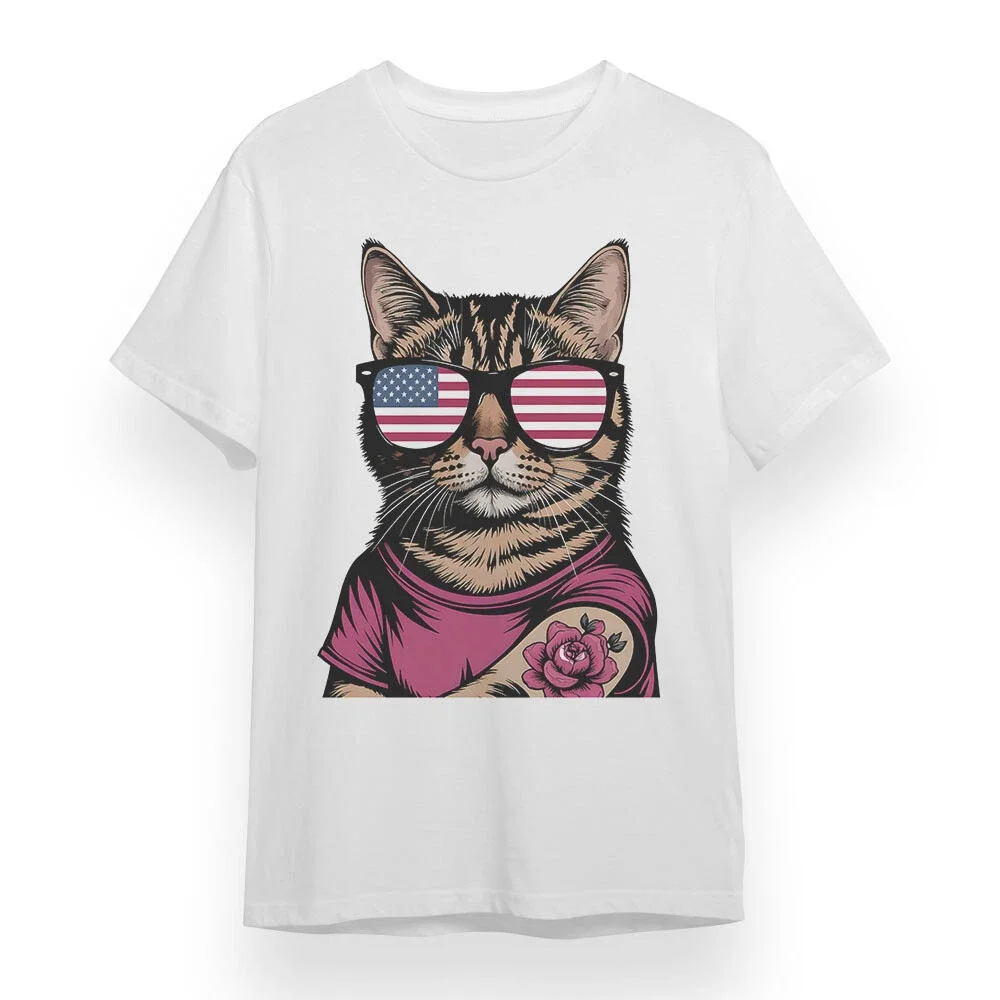 

Patriotic Cat Print Summer Luxury Brand Pure Cotton Men's and Women's T-shirt Short Sleeve Street Fashion Trend Clothing
