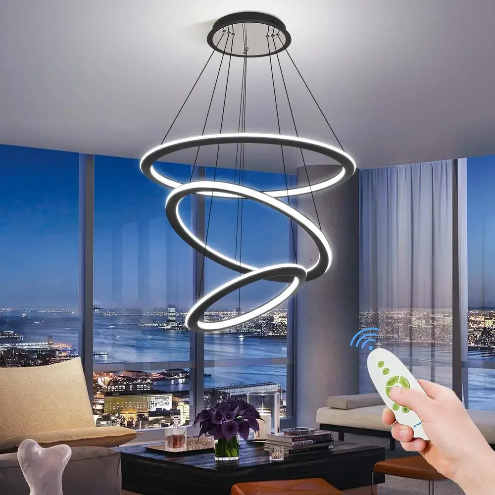 Modern Black 3-Ring LED Chandelier Remote Control Adjustable Height Unique Design High Ceilings Versatile Energy Efficient Long