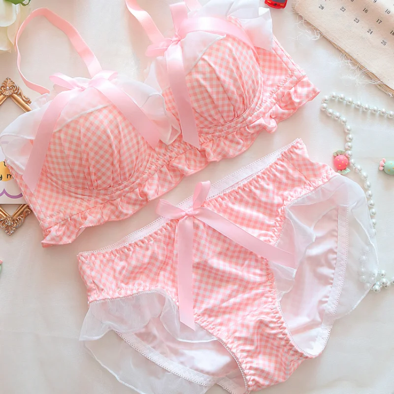 Japanese School Girl Underwear Bra Set Women Sweet Intimate Cute Bowknot Pink Plaid Bras Lingerie Push Up Bra and Panty Set 2023