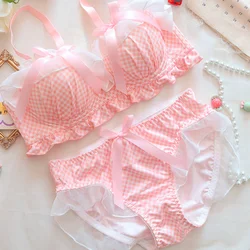 Japanese School Girl Underwear Bra Set Women Sweet Intimate Cute Bowknot Pink Plaid Bras Lingerie Push Up Bra and Panty Set 2023