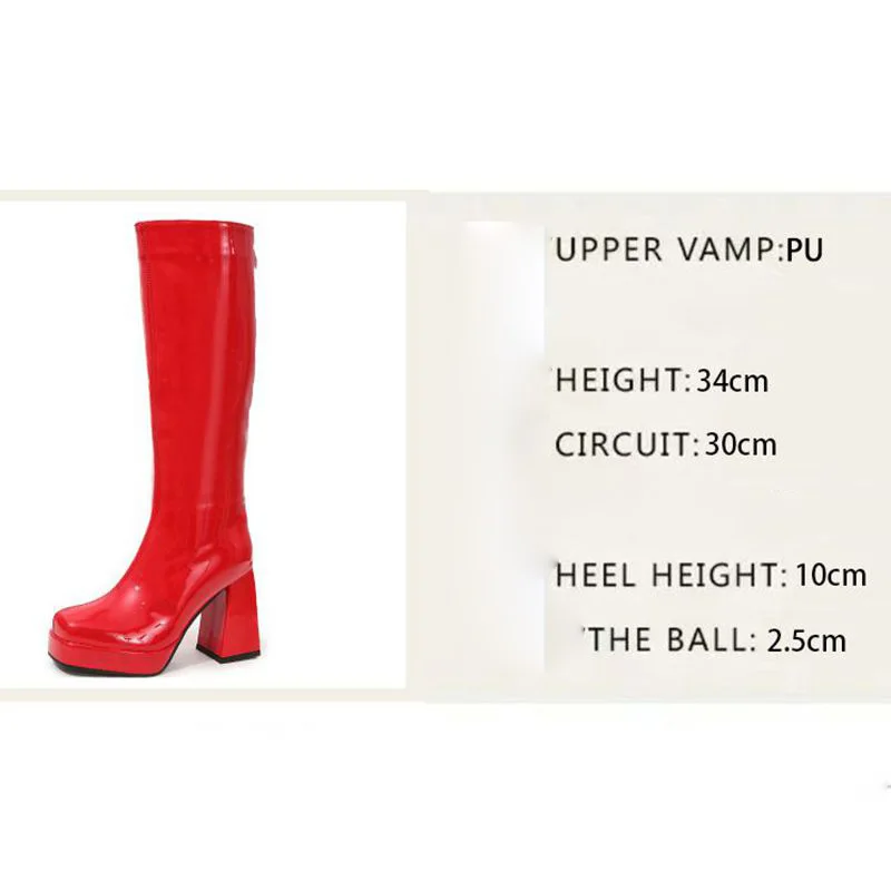 Girseaby Female Knee High Boots Square Toe Chunky Heels 10cm Platform Hill 2.5cm Zipper Shiny Big Size 44 45 Dating Party Bota