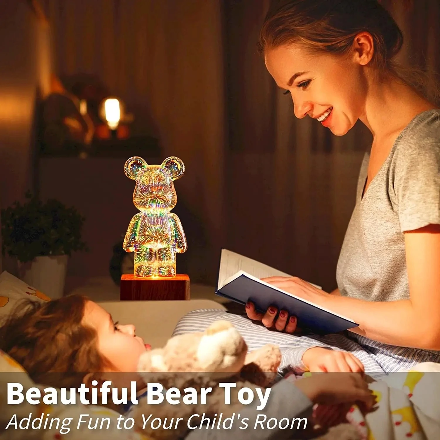 LED 3D Bear Firework Night Light USB Projector Lamp Color Changeable Ambient Lamp Suitable for Children Room Bedroom Decoration