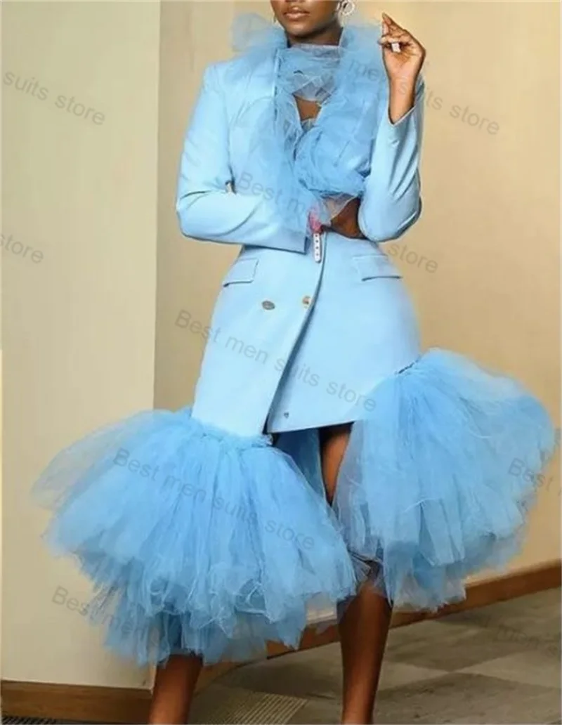 Designer Sky Blue vestito da donna 1 pezzo lungo Blazer Tulle moda formale ufficio giacca da donna Prom smoking da sposa cappotto su misura