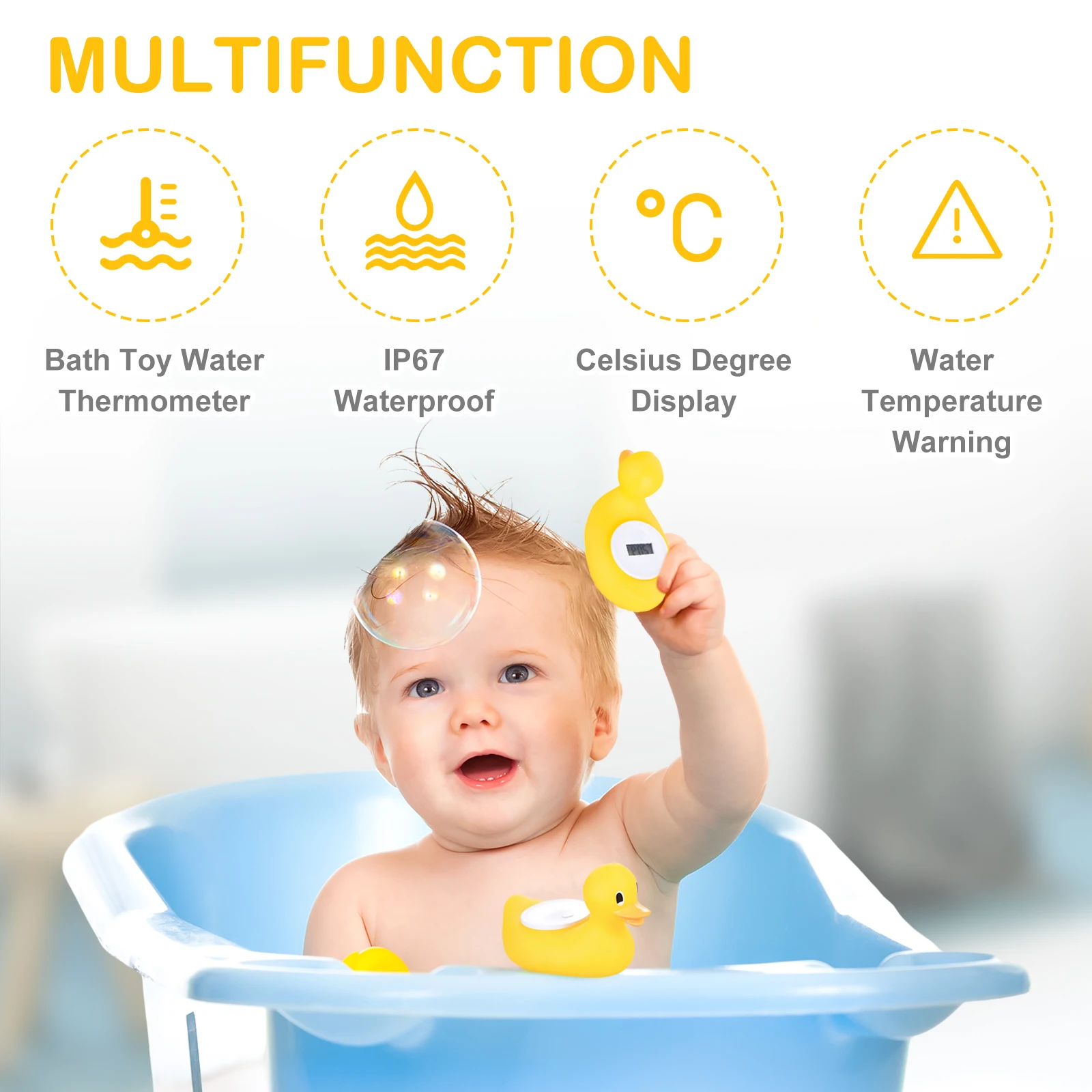 Baby Bath Water Thermometer Cartoon Duck Shape Digital Room Infant LED Bathtub Alarm Timer Function Color Coded LCD Screen