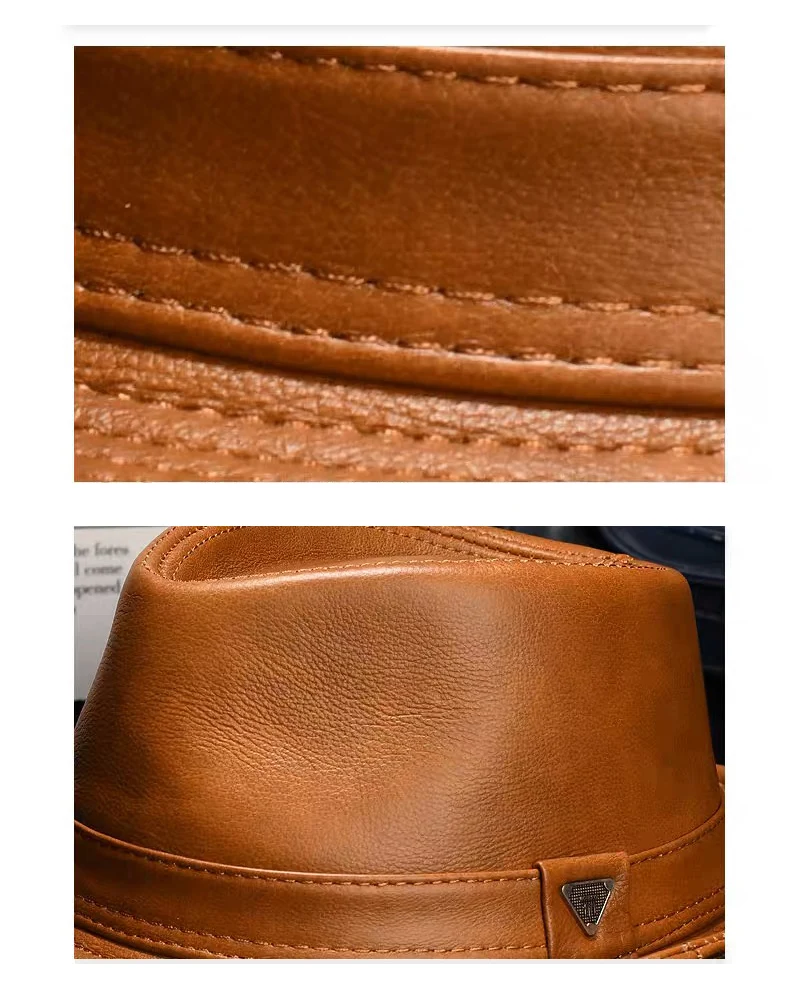 New Man High Quality Genuine Leather Cowhide Formal hat Gentleman Cow Skin Short Brim Black/Brown Top Hat Male Shows Gentleman