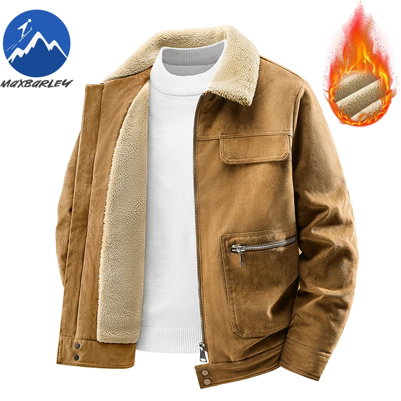 

Winter Fleece Jacket Trendy Fur Collar Lapel American Style Cold Resistant Cotton Coat Comfort Zipper Pocket Thick Flight Jacket