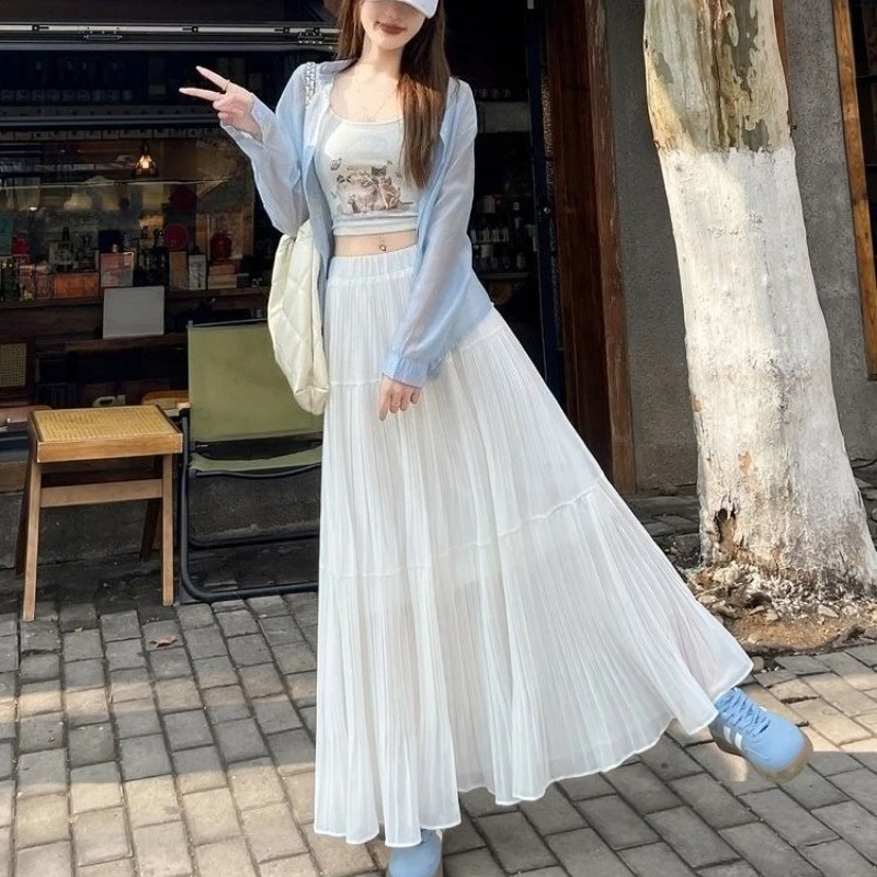 Female Violet Folded High Rise A-Line Long Skirt 2026 Spring Summer Newest Slimming Flared Hip Hiding Trendy White