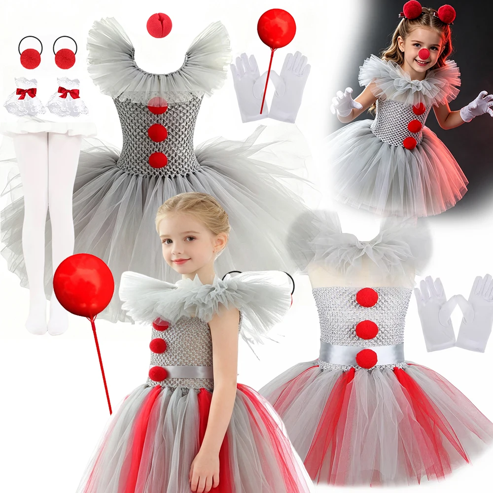 Girls Pennywise Mesh Clown Fancy Dress Sleeveless Ruffle Tulle Gown Halloween Carnival Masquerade Kids Cosplay Costume