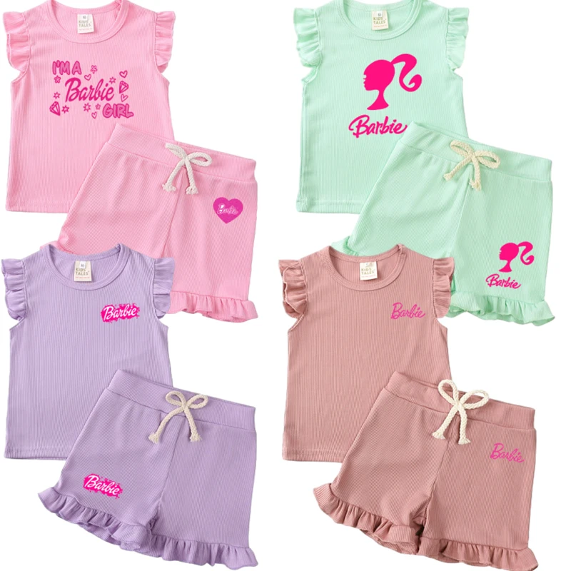 Kawaii Summer 2024 Barbie 2Pcs Children Girl Suit Fashion Cartoon Kid Ruffles Short-Sleeve Pullover Tops Shorts Sweet Soft Cloth