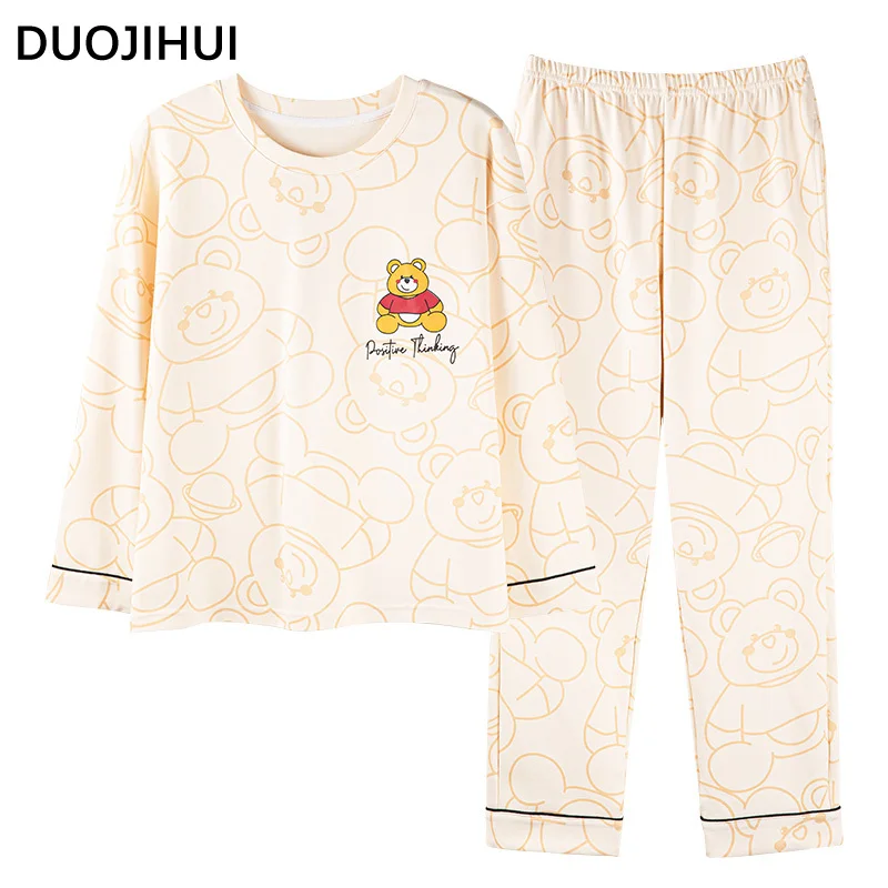 DUOJIHUI-Conjunto de pijama solto para mulheres, pulôver clássico com decote em O, pijama feminino casual, calça básica, impressão simples, moda, outono