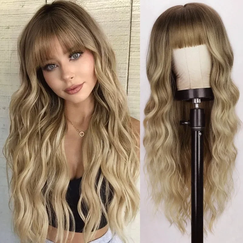 Wigs Long Curly Wave Synthetic Ombre Brown Blonde Wigs with Bangs for Women Daily Cosplay Party Party Heat Resistant Fake Hairs