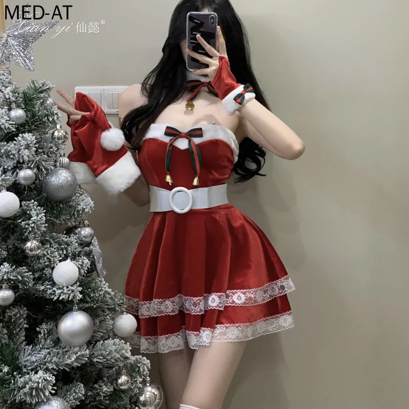 

Women Christmas Xmas Lady Santa Claus Velvet Tube Dress Sexy Lingerie Set Maid Cosplay Costume Uniform