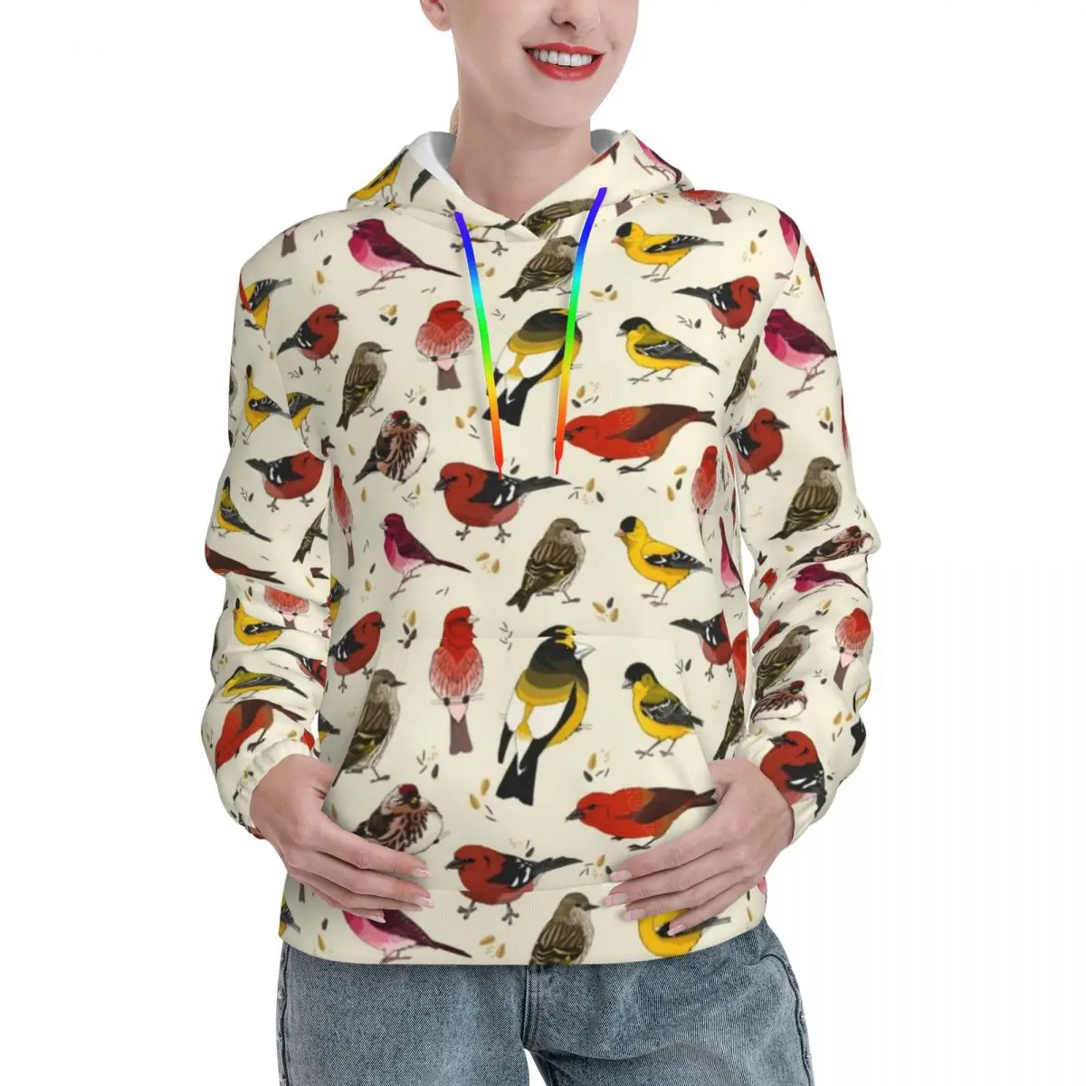 

Colorful Birds Print Casual Hoodies Woman North American Finches Pullover Hoodie Autumn Street Wear Classic Hooded Sweatshirts