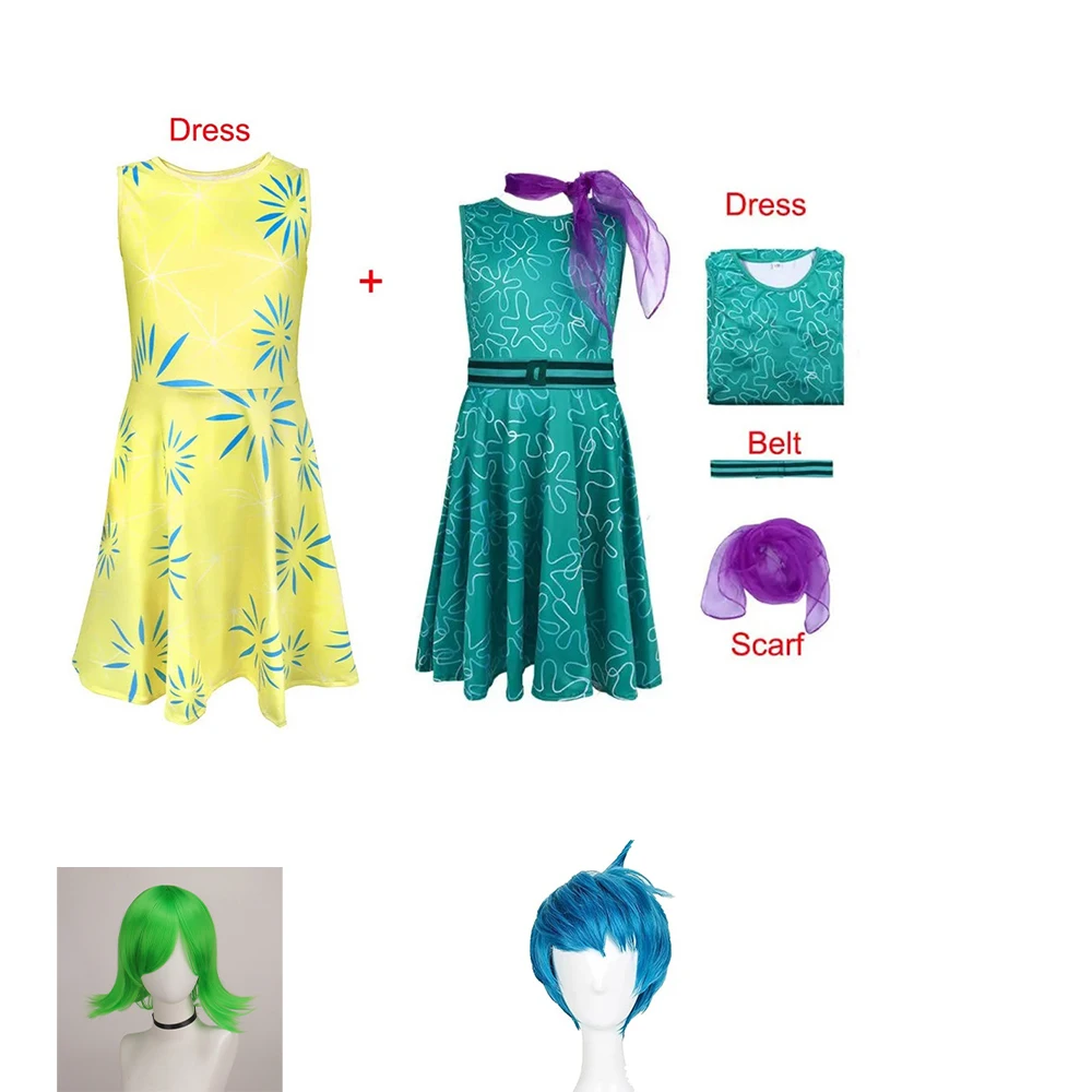 

Inside Cosplay Out 2 Cosplay Kids Dress Costume Movie Joy Disgust Roleplay Dress Scarf Wig Women Children Halloween Party Suits